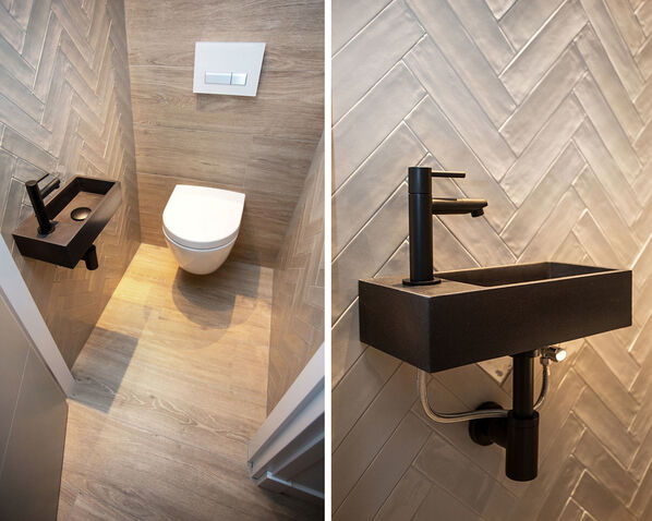 zwei Fotos die Ausschnitte eines Gäste-WCs zeigen. Ein dunkles Wachbecken auf einer hellen Wandfliese und das Bad von oben,.