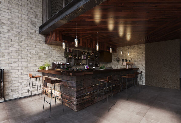 Kellerraum mit großer Bar in Holzoptik: Die Del Conca Cantina Fliesen in der Farbe Bianco an der Wand verleihen dem Barkeller einen besonderen Charme. 