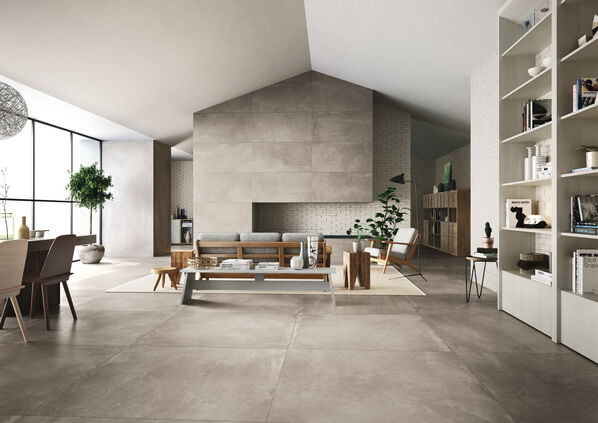 Wohnzimmer mit Imola Ceramica Azuma in Betonoptik