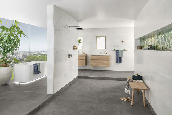 Schlichte Wandfliesen und auffällige Dekore im Badezimmer: Villeroy & Boch Urban Jungle überrascht und begeistert mit diesem neuen Konzept!