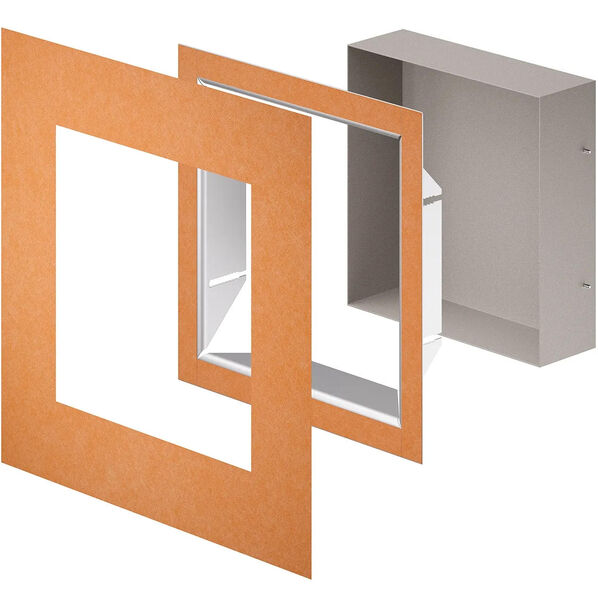 Systemkomponenten der Schlüter DESIGN NICHE - höhenverstellbarer Rahmen, KERDI Manchette, Montagekleber.