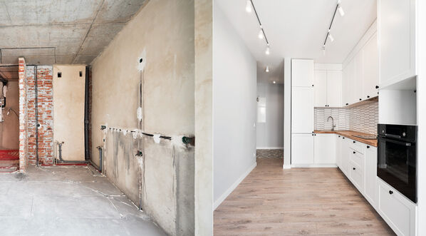 Gegenüberstellung von Rohbau und fertiger, moderner Wohnung