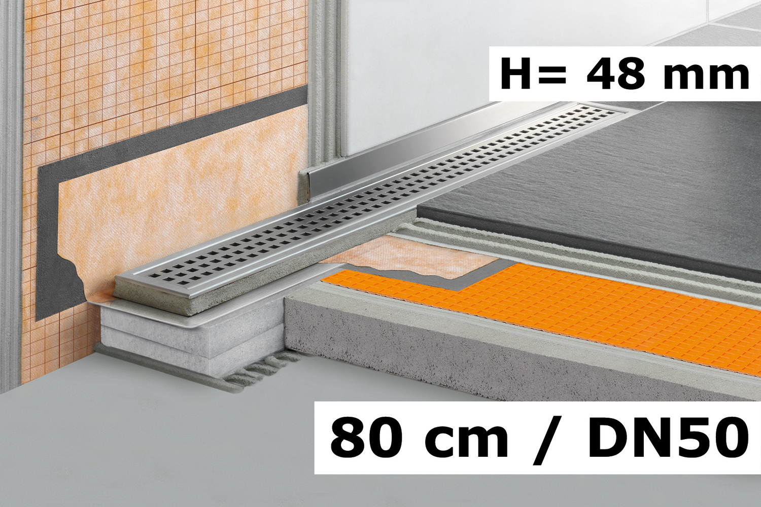 Schlüter Systems KERDI-LINE-V 50 G2 Rinnenkörper für Duschrinne Linienentwässerung Ablauf DN 50 vertikal 80cm KLV50G2E80
