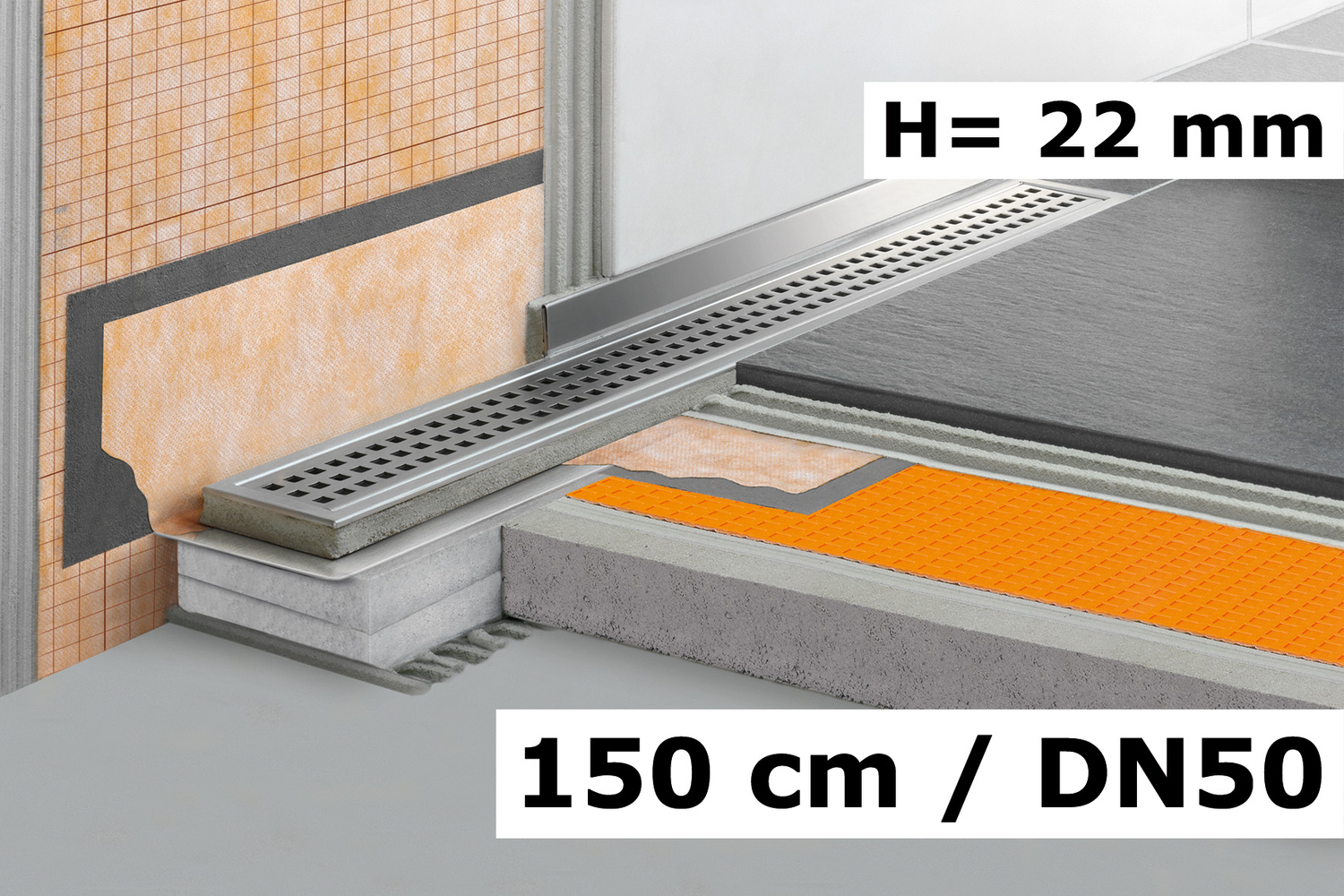 Schlüter Systems KERDI-LINE-V Rinnenkörper für Duschrinne Linienentwässerung Ablauf DN 50 vertikal 150cm KLV50GE150