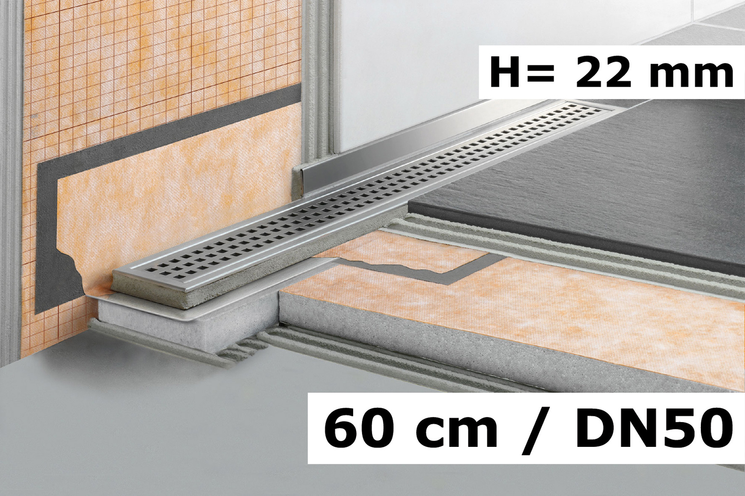 Schlüter Systems KERDI-LINE-VS Rinnenkörper für Duschrinne Linienentwässerung Ablauf mit Siphon DN 50 vertikal 60cm KLV50GSE60