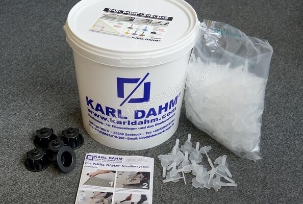 Karl Dahm Levelmac Nivelliersystem Basis-Set 1 Basis-Set bestehend aus 50x Zughauben schwarz 3-12 mm Fliesenstärke und 250 Stück Gewindelaschen Basis 2mm schwarz 12450 | 120637