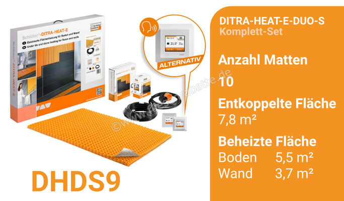  Schlüter Systems DITRA-HEAT-E-DUO-S Beheizung und Temperaturregler - Komplett-Set Wand und Boden entkoppelte Fläche 7,8 m² / beheizte Fläche 5,5 m² DHDS9 | 422662