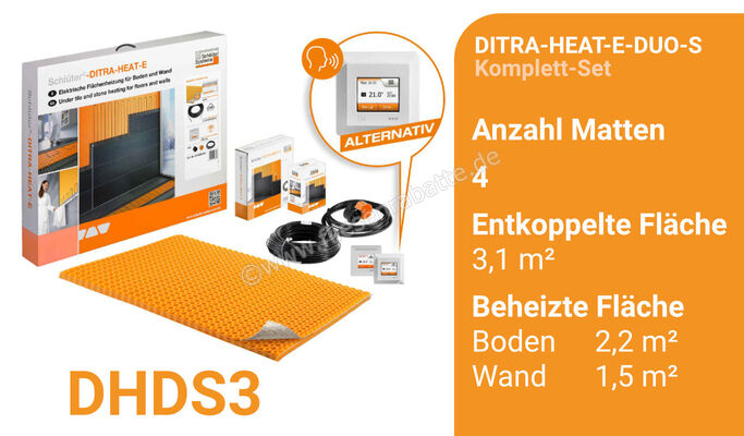  Schlüter Systems DITRA-HEAT-E-DUO-S Beheizung und Temperaturregler - Komplett-Set Wand und Boden entkoppelte Fläche 3,1 m² / beheizte Fläche 2,2 m² DHDS3 | 422680