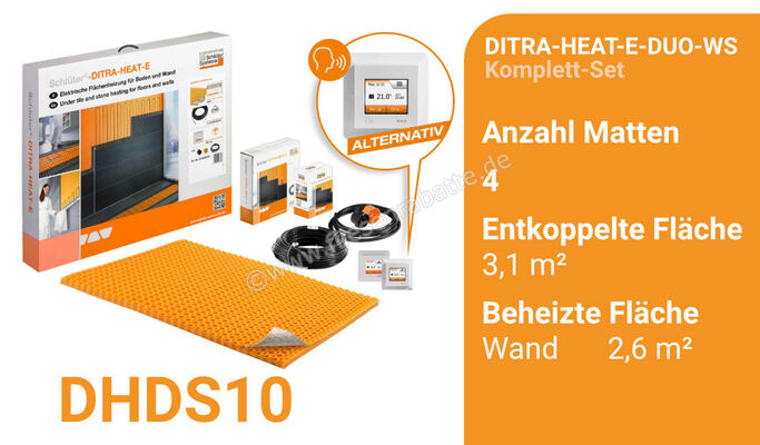  Schlüter Systems DITRA-HEAT-E-DUO-WS Beheizung und Temperaturregler - Komplett-Set Wand entkoppelte Fläche 3,1 m² / beheizte Fläche 2,6 m² DHDS10 | 422692