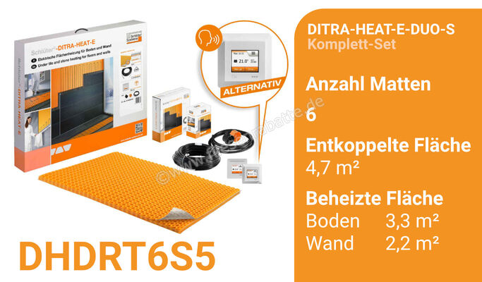  Schlüter Systems DITRA-E Beheizung und Temperaturregler - Komplett-Set Wand und Boden mit WiFi und optionaler Sprachsteuerung entkoppelte Fläche 4,7m² / beheizte Fläche 3,3m² DHDRT6S5 | 422707
