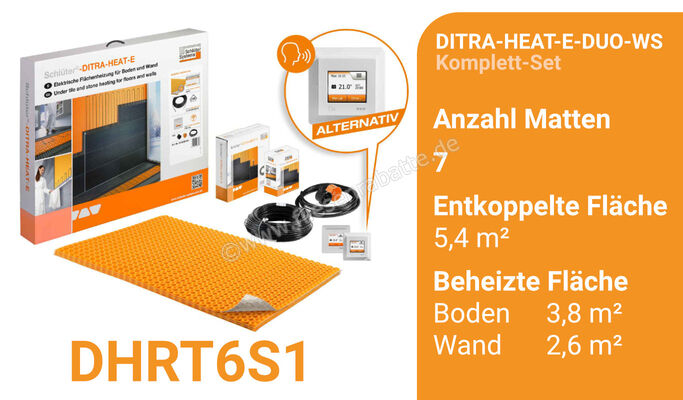 Schlüter Systems DITRA-HEAT-E-S Beheizung Komplett-Set Boden und Wand mit WiFi und optionaler Sprachsteuerung entkoppelte Fläche 5,4 m² / Boden: beheizte Fläche 3,8 m² / Wand: beheizte Fäche 2,6 m² DHRT6S1 | 422728