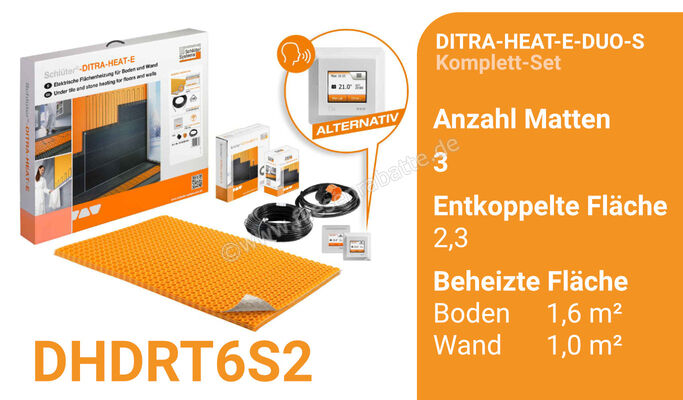 Schlüter Systems DITRA-HEAT-E-DUO-S Beheizung und Temperaturregler - Komplett-Set Wand und Boden mit WiFi und optionaler Sprachsteuerung entkoppelte Fläche 2,3m² / beheizte Fläche 1,6m² DHDRT6S2 | 422737