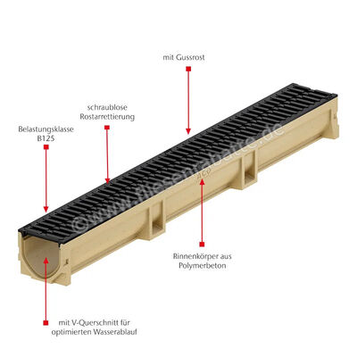 ACO Self Euroline 2.0 Rinnenelement inkl. Gussrost schwarz, Länge 1000 mm Polymerbeton Höhe: 100 mm Breite: 118 mm Länge: 1 m 3003697 | 451620