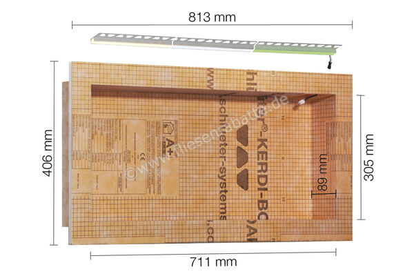  Schlüter Systems KERDI-BOARD-NLT-BR Nische und Ablagefläche für Wandbereiche mit Plug & Play LED-Beleuchtung beleuchtet 24V 4,4W 2700K 305x711x89 mm RGB+Weiß Höhe: 711 mm Breite: 305 mm KB12NLTP3AE9BR | 539662