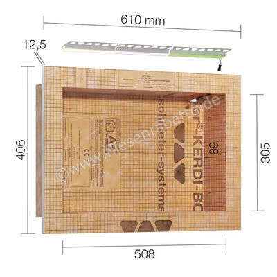  Schlüter Systems KERDI-BOARD-NLT Nische und Ablagefläche für Wandbereiche mit Beleuchtung 508x305x89 mm warmweiss 3000K Höhe: 305 mm Breite: 508 mm KB12NLTP4AE1 | 565001